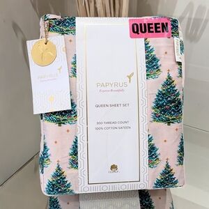 NWT Papyrus 100% Cotton QUEEN Christmas Tree Lights Sheet Set